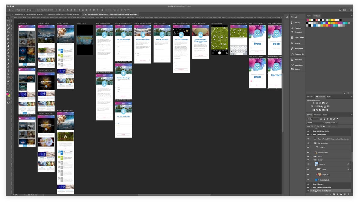 Photoshop workspace showing many mobile screen compositions laid out across a dark canvas