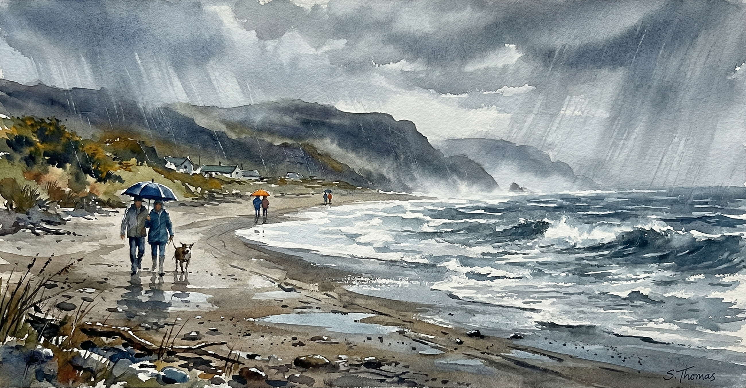 a watercolour painting of a rainy day on the beach