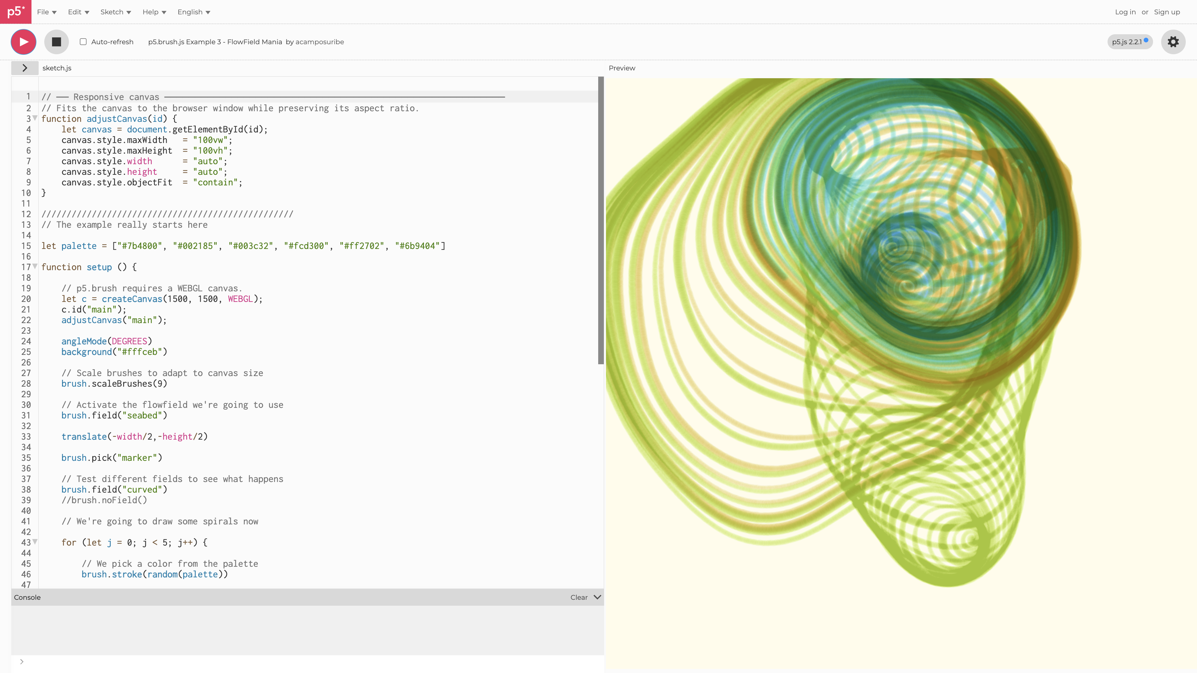 p5.js editor showing brush library code